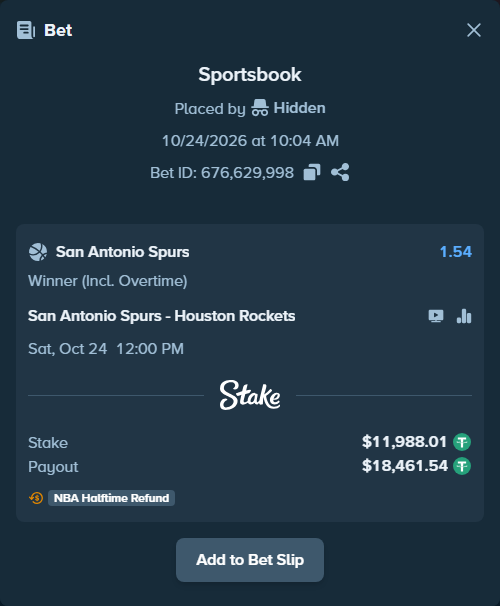Bet slip: San Antonio Spurs - Houston Rockets, $12,000.00 stake at 1.54 odds, placed by damsruffs