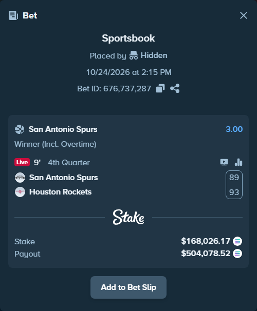 Bet slip: San Antonio Spurs - Houston Rockets, $167,993.53 stake at 3.00 odds, placed by Prettylfacko98