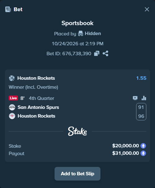 Bet slip: San Antonio Spurs - Houston Rockets, $19,984.20 stake at 1.55 odds, placed by Jollysea