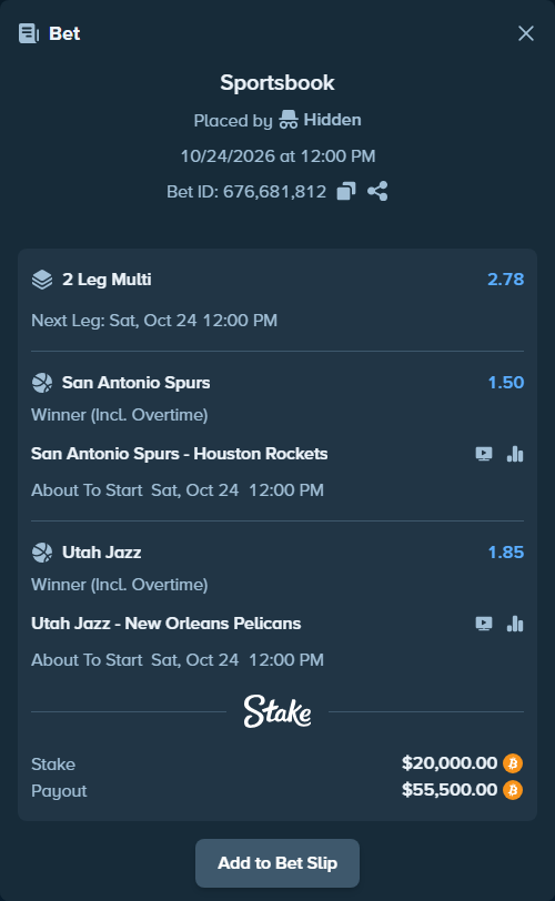 Bet slip: San Antonio Spurs - Houston Rockets, $19,975.90 stake at 1.50 odds, placed by Hidden