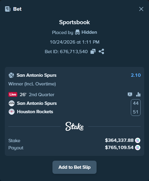 Bet slip: San Antonio Spurs - Houston Rockets, $364,636.53 stake at 2.10 odds, placed by Prettylfacko98