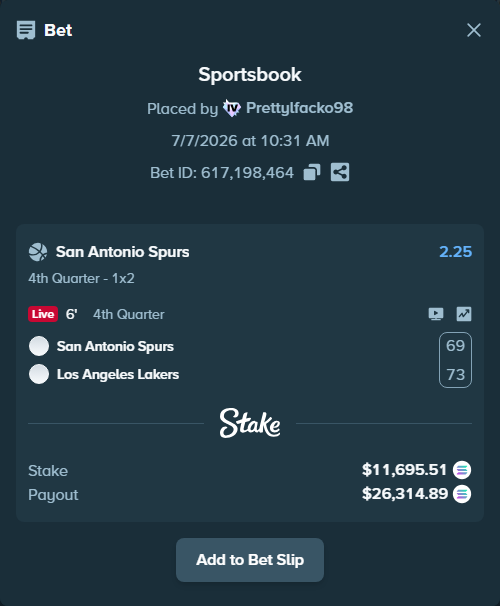 Bet slip: San Antonio Spurs - Los Angeles Lakers, $11,584.02 stake at 2.25 odds, placed by Prettylfacko98