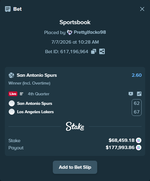 Bet slip: San Antonio Spurs - Los Angeles Lakers, $67,806.62 stake at 2.60 odds, placed by Prettylfacko98