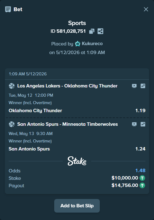 Bet slip: San Antonio Spurs - Minnesota Timberwolves, $10,000.00 stake at 1.24 odds, placed by Kukureco