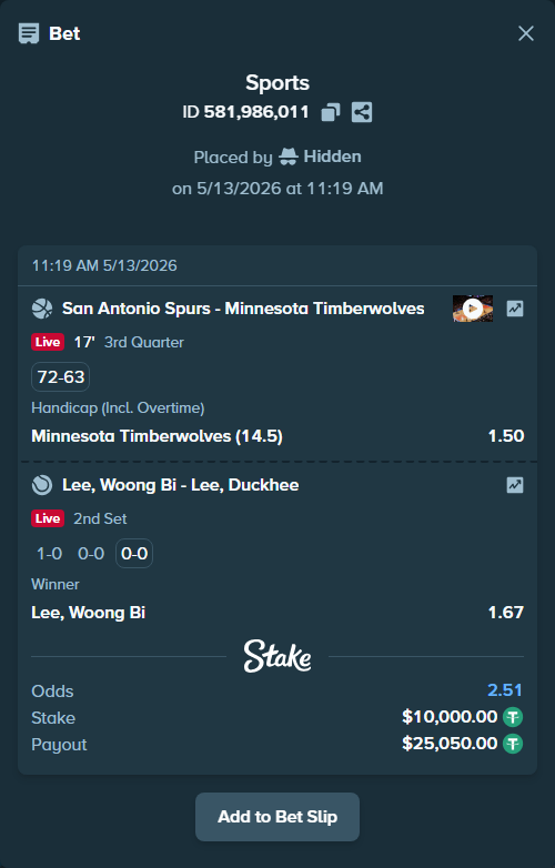Bet slip: San Antonio Spurs - Minnesota Timberwolves, $10,000.00 stake at 1.50 odds, placed by Hidden