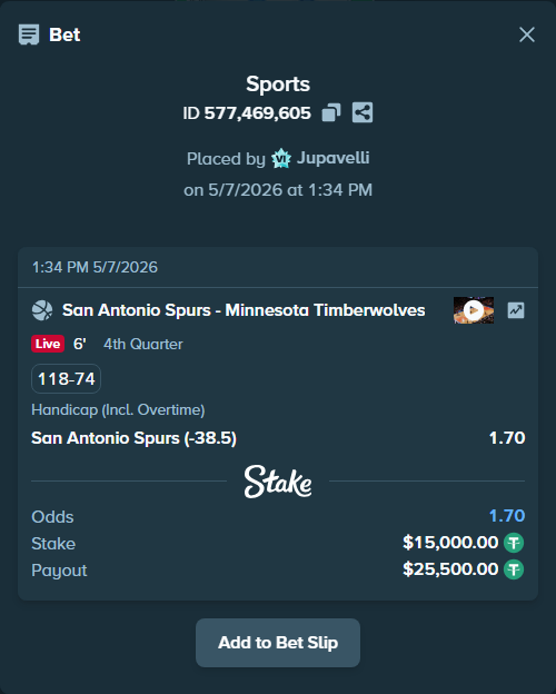Bet slip: San Antonio Spurs - Minnesota Timberwolves, $15,000.00 stake at 1.70 odds, placed by Jupavelli