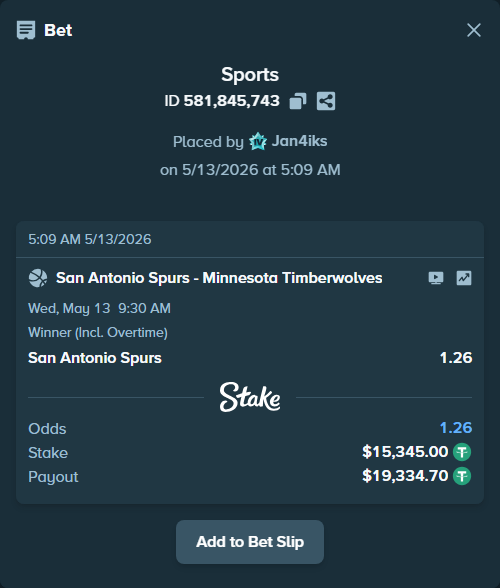 Bet slip: San Antonio Spurs - Minnesota Timberwolves, $15,345.00 stake at 1.26 odds, placed by Jan4iks
