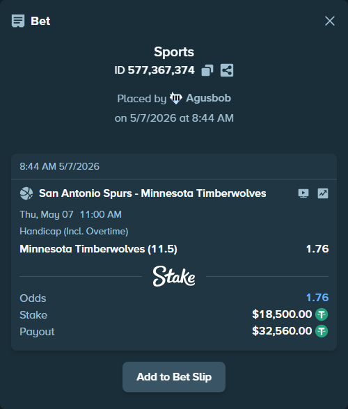 Bet slip: San Antonio Spurs - Minnesota Timberwolves, $18,500.00 stake at 1.76 odds, placed by Agusbob
