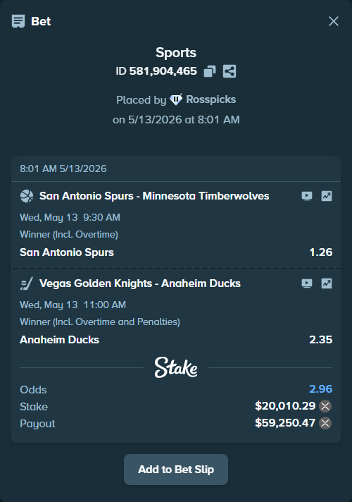 Bet slip: San Antonio Spurs - Minnesota Timberwolves, $15,963.31 stake at 1.26 odds, placed by Rosspicks