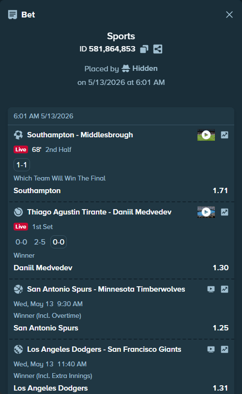 Bet slip: San Antonio Spurs - Minnesota Timberwolves, $28,993.00 stake at 1.25 odds, placed by Hidden