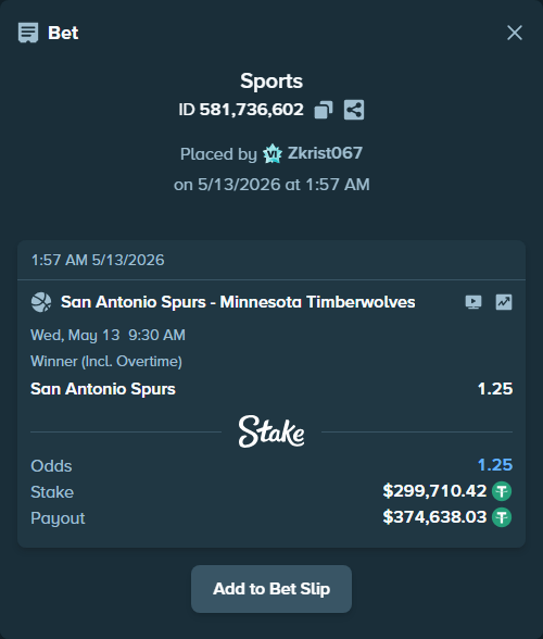Bet slip: San Antonio Spurs - Minnesota Timberwolves, $299,710.42 stake at 1.25 odds, placed by Zkrist067