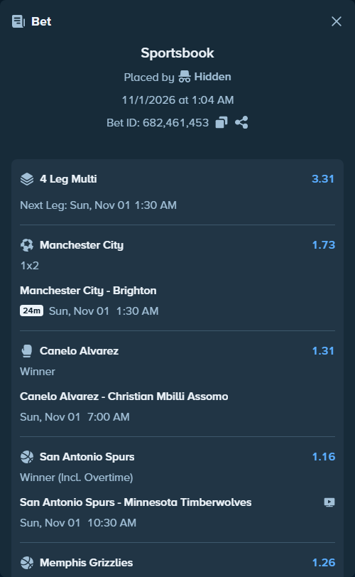 Bet slip: San Antonio Spurs - Minnesota Timberwolves, $50,050.00 stake at 1.16 odds, placed by Hidden