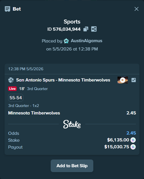 Bet slip: San Antonio Spurs - Minnesota Timberwolves, $5,340.38 stake at 2.45 odds, placed by AustinAlgamus