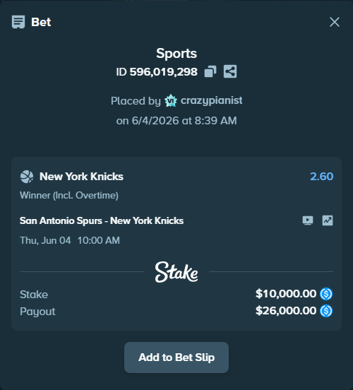 Bet slip: San Antonio Spurs - New York Knicks, $10,000.00 stake at 2.60 odds, placed by crazypianist