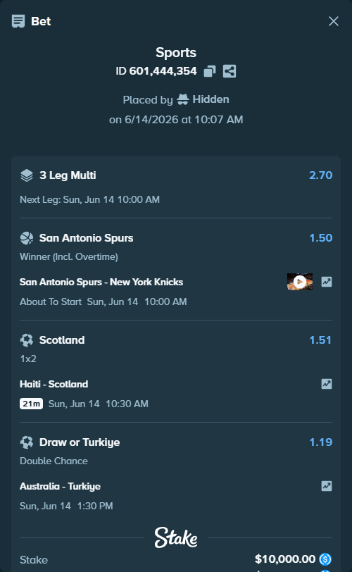 Bet slip: San Antonio Spurs - New York Knicks, $10,000.00 stake at 1.50 odds, placed by Hidden