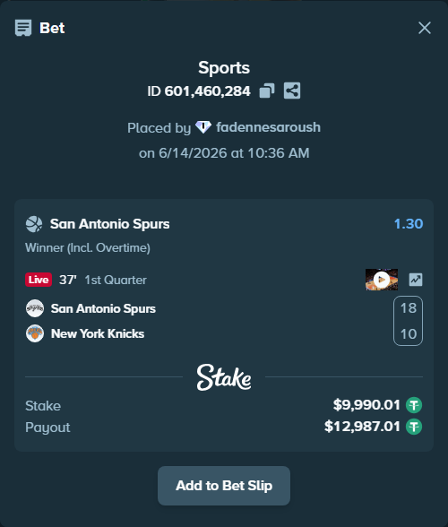 Bet slip: San Antonio Spurs - New York Knicks, $10,000.00 stake at 1.30 odds, placed by fadennesaroush