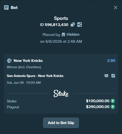 Bet slip: San Antonio Spurs - New York Knicks, $100,000.00 stake at 2.90 odds, placed by Hidden