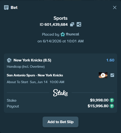 Bet slip: San Antonio Spurs - New York Knicks, $10,008.00 stake at 1.60 odds, placed by fhuncal