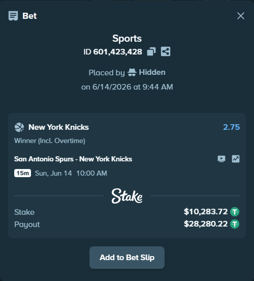 Bet slip: San Antonio Spurs - New York Knicks, $10,294.00 stake at 2.75 odds, placed by Hidden