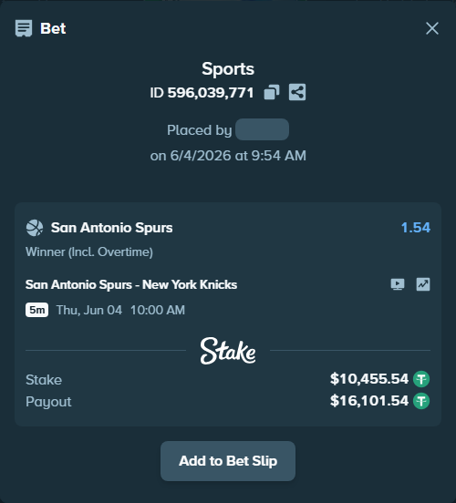 Bet slip: San Antonio Spurs - New York Knicks, $10,466.00 stake at 1.54 odds, placed by fhuncal