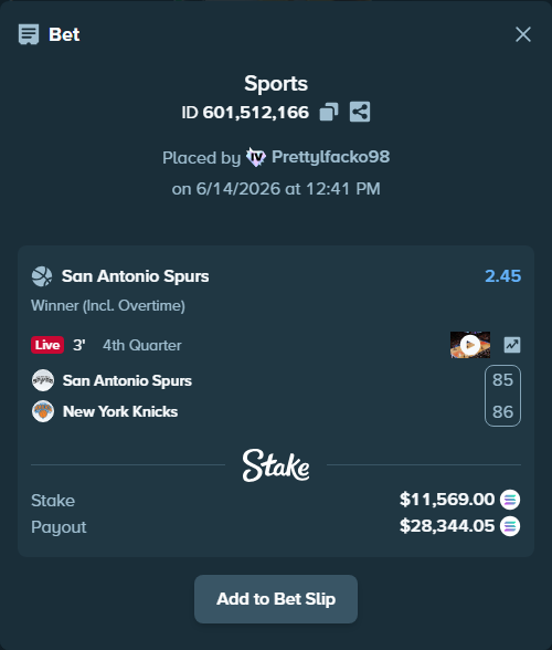 Bet slip: San Antonio Spurs - New York Knicks, $12,340.04 stake at 2.45 odds, placed by Prettylfacko98