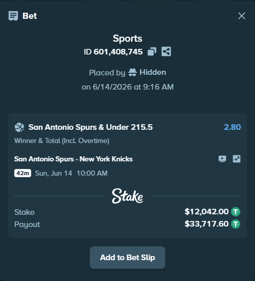 Bet slip: San Antonio Spurs - New York Knicks, $12,054.04 stake at 2.80 odds, placed by Hidden