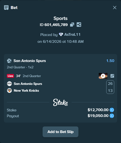 Bet slip: San Antonio Spurs - New York Knicks, $12,700.00 stake at 1.50 odds, placed by AsTraL11