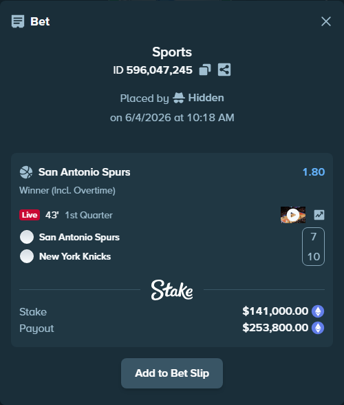 Bet slip: San Antonio Spurs - New York Knicks, $137,088.63 stake at 1.80 odds, placed by Hidden