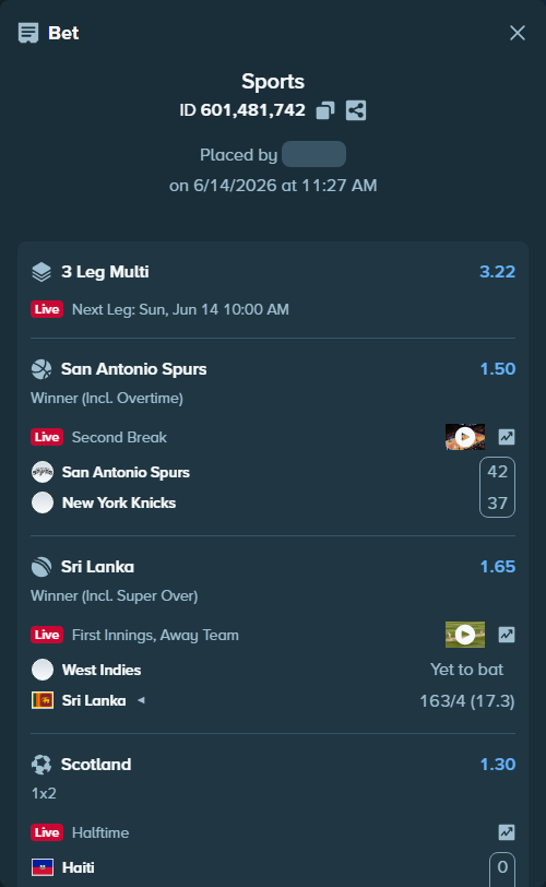 Bet slip: San Antonio Spurs - New York Knicks, $14,814.80 stake at 1.50 odds, placed by AsTraL11