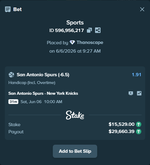Bet slip: San Antonio Spurs - New York Knicks, $15,529.00 stake at 1.91 odds, placed by Thanoscape