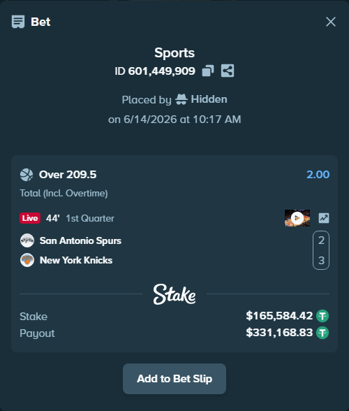 Bet slip: San Antonio Spurs - New York Knicks, $165,750.00 stake at 2.00 odds, placed by Hidden