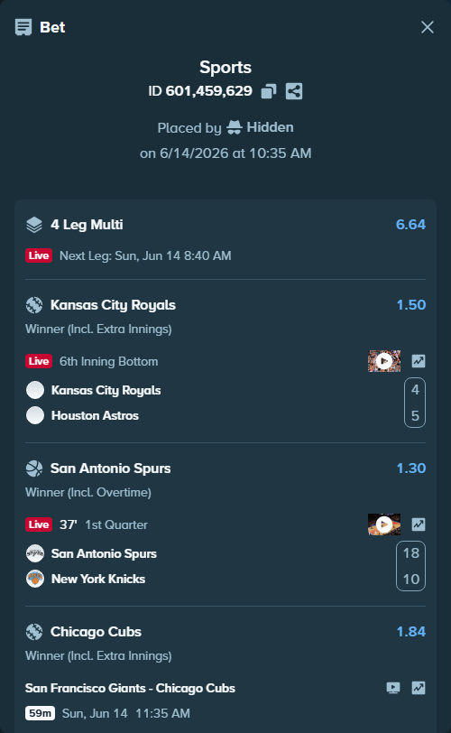 Bet slip: San Antonio Spurs - New York Knicks, $17,880.75 stake at 1.30 odds, placed by Hidden