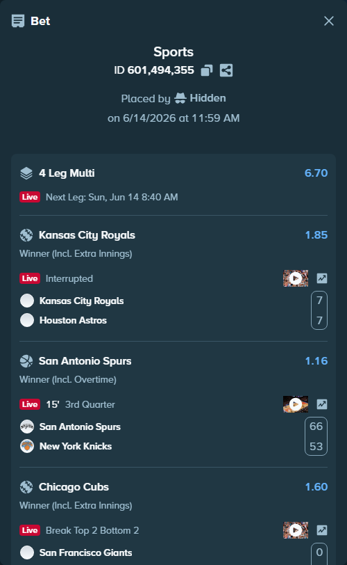 Bet slip: San Antonio Spurs - New York Knicks, $17,880.75 stake at 1.16 odds, placed by Hidden