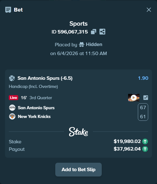 Bet slip: San Antonio Spurs - New York Knicks, $20,000.00 stake at 1.90 odds, placed by Hidden