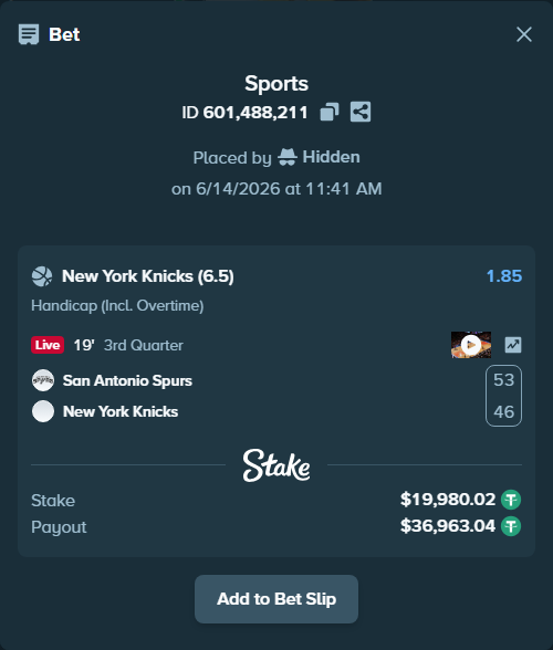 Bet slip: San Antonio Spurs - New York Knicks, $20,000.00 stake at 1.85 odds, placed by Hidden