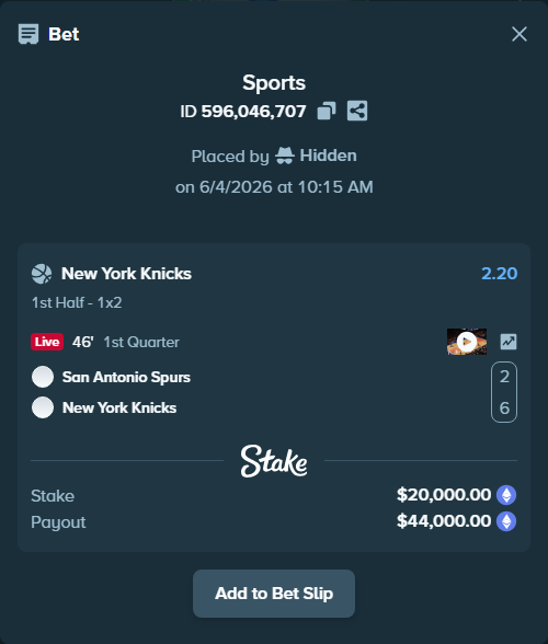 Bet slip: San Antonio Spurs - New York Knicks, $19,445.20 stake at 2.20 odds, placed by Hidden