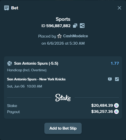 Bet slip: San Antonio Spurs - New York Knicks, $23,356.14 stake at 1.77 odds, placed by CashModeIce