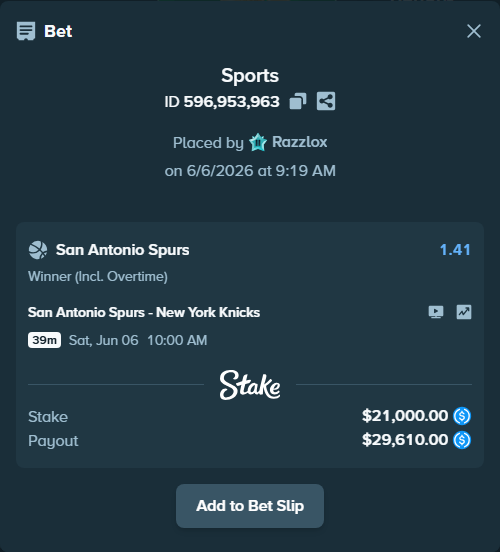 Bet slip: San Antonio Spurs - New York Knicks, $21,000.00 stake at 1.41 odds, placed by Razzlox