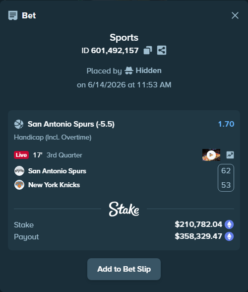Bet slip: San Antonio Spurs - New York Knicks, $217,108.16 stake at 1.70 odds, placed by Hidden