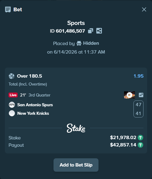 Bet slip: San Antonio Spurs - New York Knicks, $22,000.00 stake at 1.95 odds, placed by Hidden