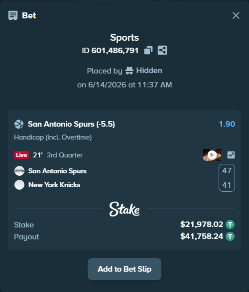 Bet slip: San Antonio Spurs - New York Knicks, $22,000.00 stake at 1.90 odds, placed by Hidden