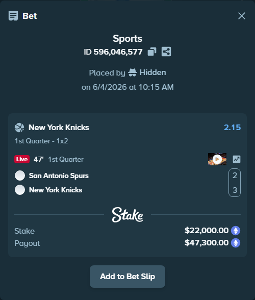 Bet slip: San Antonio Spurs - New York Knicks, $21,389.72 stake at 2.15 odds, placed by Hidden