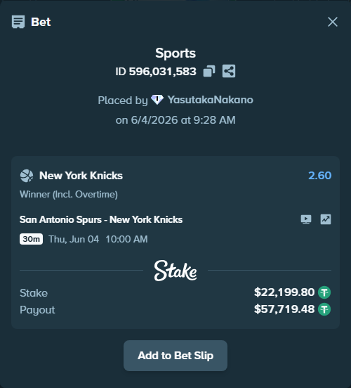 Bet slip: San Antonio Spurs - New York Knicks, $22,222.00 stake at 2.60 odds, placed by YasutakaNakano