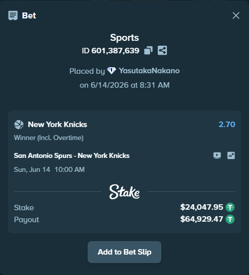 Bet slip: San Antonio Spurs - New York Knicks, $24,072.00 stake at 2.70 odds, placed by YasutakaNakano