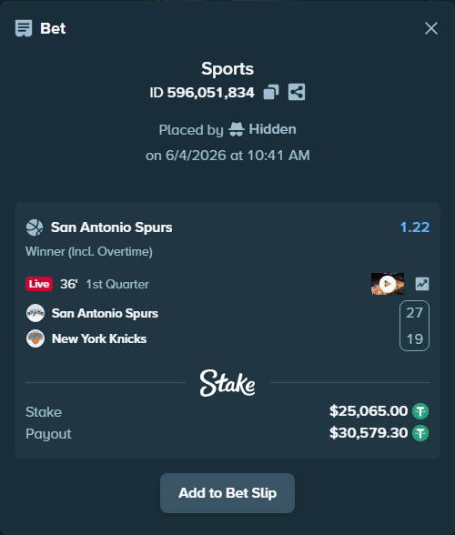 Bet slip: San Antonio Spurs - New York Knicks, $25,090.06 stake at 1.22 odds, placed by Hidden