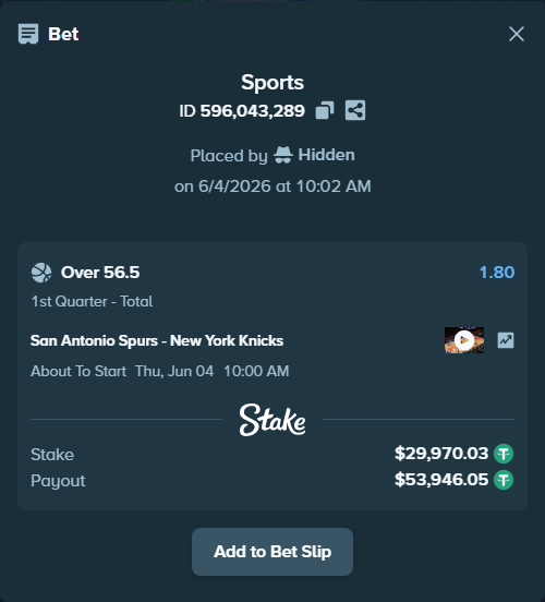 Bet slip: San Antonio Spurs - New York Knicks, $30,000.00 stake at 1.80 odds, placed by Hidden