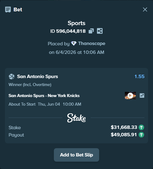 Bet slip: San Antonio Spurs - New York Knicks, $31,700.00 stake at 1.55 odds, placed by Thanoscape