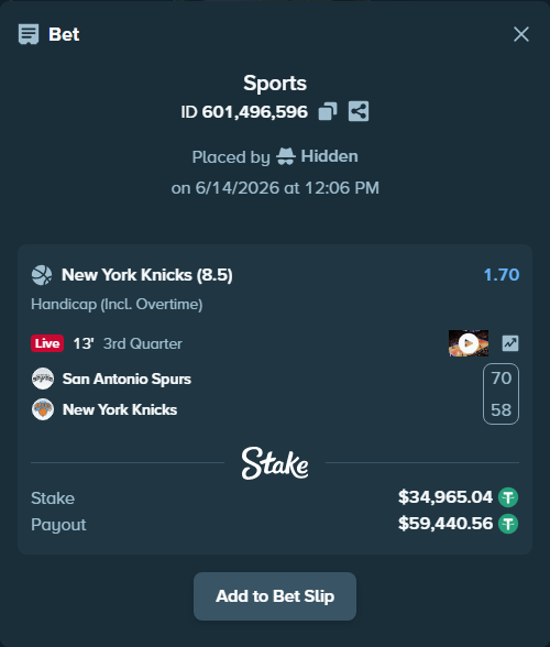 Bet slip: San Antonio Spurs - New York Knicks, $35,000.00 stake at 1.70 odds, placed by Hidden