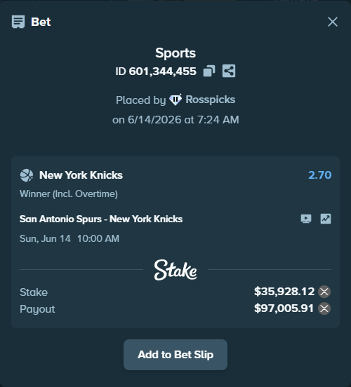 Bet slip: San Antonio Spurs - New York Knicks, $35,826.26 stake at 2.70 odds, placed by Rosspicks