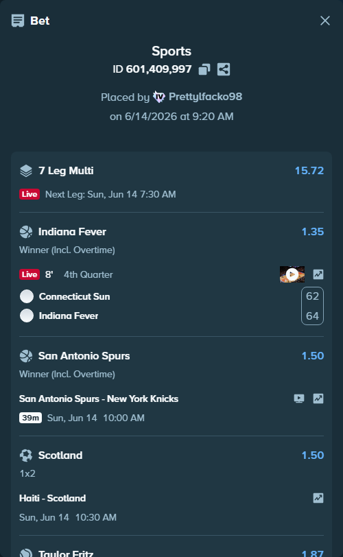 Bet slip: San Antonio Spurs - New York Knicks, $40,150.24 stake at 1.50 odds, placed by Prettylfacko98